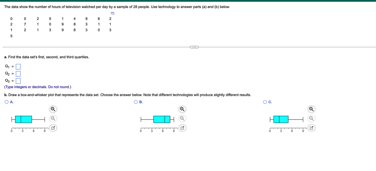 The data show the number of hours of television watched per day by a sample of 28 people. Use technology to answer parts (a) and (b) below.
ON
0
2
1
5
Q₂
=
=
0
7
2
0
b. Draw a box-and-whisker
A.
3
2
1
1
Q3
(Type integers or decimals. Do not round.)
a. Find the data set's first, second, and third quartiles.
Q₁
-co
6
5
0
3
9
1
9
9
+∞ ∞
N
4
8
8
9
3
3
6
1
0
2
1
3
plot that represents the data set. Choose the answer below. Note that different technologies will produce slightly different results.
B.
0
3
6
9
K
C.
3
6
9
Ly