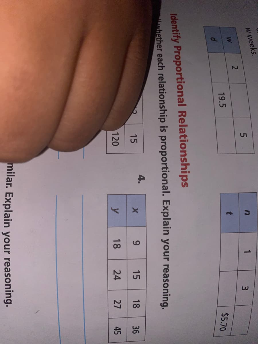 45
w weeks.
1
3
19.5
$5.70
Identify Proportional Relationships
hether each relationship is proportional. Explain your reasoning.
4.
15
9.
15
18
36
120
y
18
24
27
milar. Explain your reasoning.
