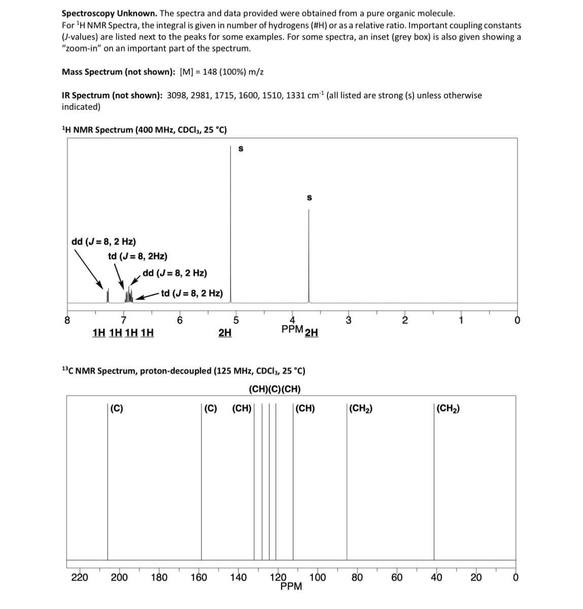 Spectroscopy Unknown. The spectra and data provided were obtained from a pure organic molecule.
For ¹H NMR Spectra, the integral is given in number of hydrogens (#H) or as a relative ratio. Important coupling constants
(J-values) are listed next to the peaks for some examples. For some spectra, an inset (grey box) is also given showing a
"zoom-in" on an important part of the spectrum.
Mass Spectrum (not shown): [M] = 148 (100 %) m/z
IR Spectrum (not shown): 3098, 2981, 1715, 1600, 1510, 1331 cm¹ (all listed are strong (s) unless otherwise
indicated)
¹H NMR Spectrum (400 MHz, CDCI3, 25 °C)
8
dd (J= 8, 2 Hz)
td (J= 8, 2Hz)
220
, dd (J= 8, 2 Hz)
7
1H 1H 1H 1H
(C)
-td (J= 8,2 Hz)
6
2H
S
5
1³C NMR Spectrum, proton-decoupled (125 MHz, CDCI3, 25 °C)
(CH)(C)(CH)
4
PPM 2H
(C) (CH)
(CH)
200 180 160 140 120
PPM
100
3
(CH₂)
80
2
60
(CH₂)
40
20