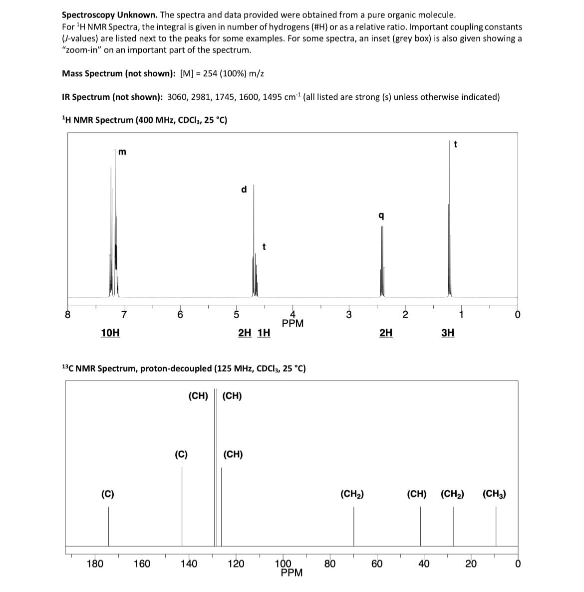 Spectroscopy Unknown. The spectra and data provided were obtained from a pure organic molecule.
For ¹H NMR Spectra, the integral is given in number of hydrogens (#H) or as a relative ratio. Important coupling constants.
(J-values) are listed next to the peaks for some examples. For some spectra, an inset (grey box) is also given showing a
"zoom-in" on an important part of the spectrum.
Mass Spectrum (not shown): [M] = 254 (100 %) m/z
IR Spectrum (not shown): 3060, 2981, 1745, 1600, 1495 cm³¹ (all listed are strong (s) unless otherwise indicated)
¹H NMR Spectrum (400 MHz, CDCI3, 25 °C)
8
10H
m
(C)
180
160
13C NMR Spectrum, proton-decoupled (125 MHz, CDCI 3, 25 °C)
(C)
5
d
140
2H 1H
(CH) (CH)
(CH)
PPM
120
100
PPM
80
(CH₂)
q
2H
60
3H
(CH) (CH₂) (CH3)
8
20
o