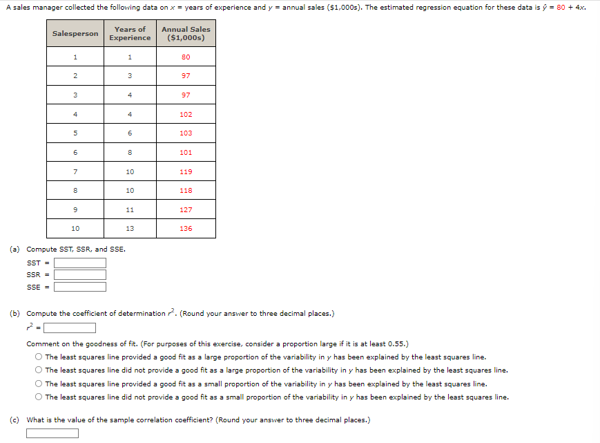 A sales manager collected the following data on x = years of experience and y = annual sales ($1,000s). The estimated regression equation for these data is ŷ = 80 + 4x.
Years of
Experience
Annual Sales
($1,000s)
Salesperson
1
2
3
4
5
6
7
8
9
10
(a) Compute SST, SSR, and SSE.
SST =
SSR =
SSE =
1
3
4
4
6
8
10
10
11
13
80
97
97
102
103
101
119
118
127
136
(b) Compute the coefficient of determination. (Round your answer to three decimal places.)
2=
Comment on the goodness of fit. (For purposes of this exercise, consider a proportion large if it is at least 0.55.)
The least squares line provided a good fit as a large proportion of the variability in y has been explained by the least squares line.
The least squares line did not provide a good fit as a large proportion of the variability in y has been explained by the least squares line.
The least squares line provided a good fit as a small proportion of the variability in y has been explained by the least squares line.
The least squares line did not provide a good fit as a small proportion of the variability in y has been explained by the least squares line.
(c) What is the value of the sample correlation coefficient? (Round your answer to three decimal places.)