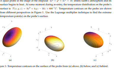 y+
space probe in the shape of the ellipsoid
16 enters Earth's atmosphere and its
surface begins to heat. At some moment during re-entry, the temperature distribution on the probe's
surface is T(x, y, z) = 8x² +4y= − 16z + 600 °C. Temperature contours on the probe are shown
from different perspectives in Figure 1. Use the Lagrange multiplier technique to find the extreme
temperature point(s) on the probe's surface.
(b)
gure 1: Temperature contours on the surface of the probe from (a) above, (b) below, and (c) behind.