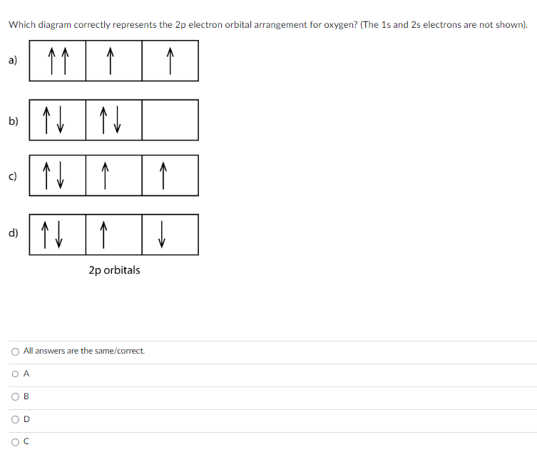 Which diagram correctly represents the 2p electron orbital arrangement for oxygen? (The 1s and 2s electrons are not shown).
个个
a)
b)
c)
d)
O A
↑
↑↓
B
↑↓↑
↑↓
All answers are the same/correct.
↑
2p orbitals
↑
↑