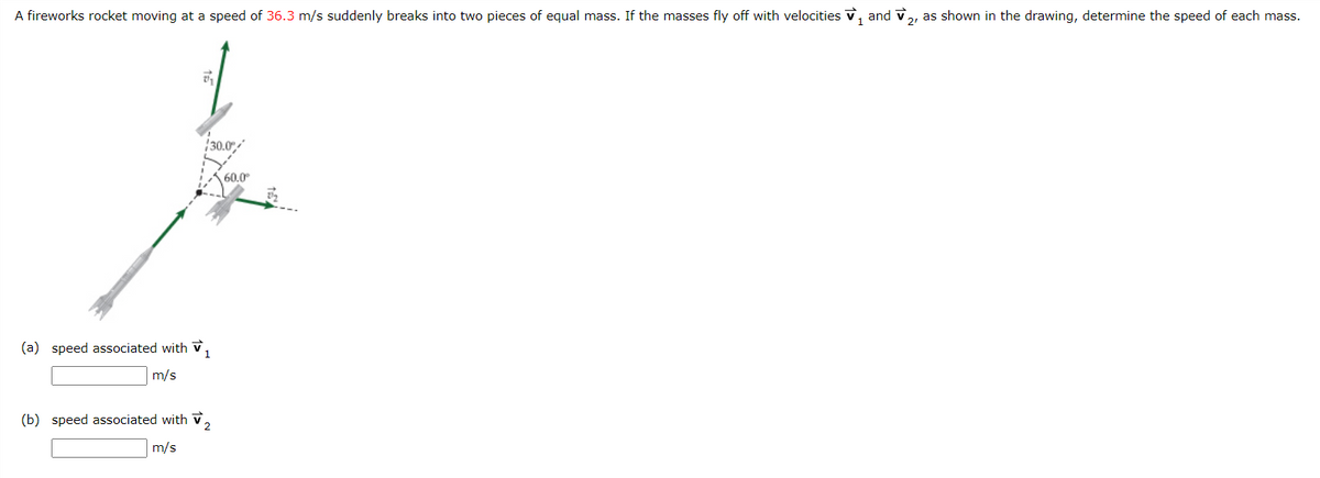 A fireworks rocket moving at a speed of 36.3 m/s suddenly breaks into two pieces of equal mass. If the masses fly off with velocities ₁
and V
2½
30.0%
(a) speed associated with ₁
m/s
(b) speed associated with V 2
m/s
60.0⁰
as shown in the drawing, determine the speed of each mass.
2'