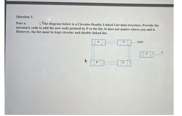 Question 3.
Part a.
, 3'he diagram below is a Circular-Doubly Linked List data structure. Provide the
necessary code to add the new node pointed by P to the list. It does not matter where you add it.
However, the list must be kept circular and doubly linked list.
Head
B.
