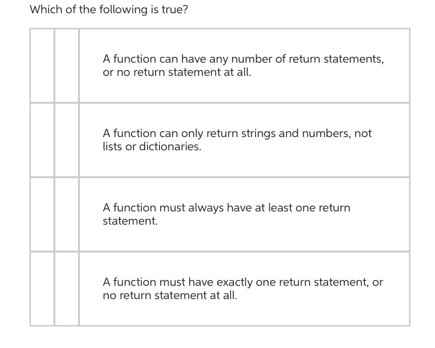 Which of the following is true?
A function can have any number of return statements,
or no return statement at all.
A function can only return strings and numbers, not
lists or dictionaries.
A function must always have at least one return
statement.
A function must have exactly one return statement, or
no return statement at all.