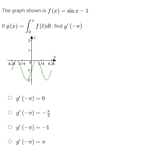 The graph shown is f(x) = sinx - 1.
If 9 (1) = "f (t)dt, find g' (—r).
ff
Y
2
1
6.28 8.14
my
3.14 6.28
-1
O
g' (−1) = 0
0 9' (−1) = — ਨੂੰ
-
=
0 9' (−1) = 1
O g' (−1) = 1
=