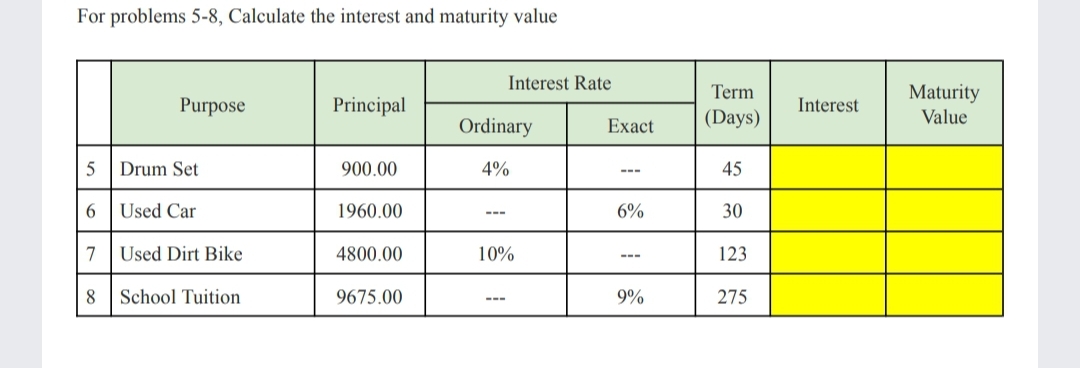 For problems 5-8, Calculate the interest and maturity value
Purpose
5 Drum Set
6 Used Car
7
Used Dirt Bike
8 School Tuition
Principal
900.00
1960.00
4800.00
9675.00
Interest Rate
Ordinary
4%
10%
Exact
6%
9%
Term
(Days)
45
30
123
275
Interest
Maturity
Value