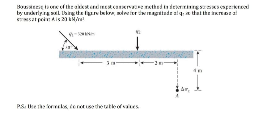 Boussinesq is one of the oldest and most conservative method in determining stresses experienced
by underlying soil. Using the figure below, solve for the magnitude of q2 so that the increase of
stress at point A is 20 kN/m².
92
91- 320 kN/m
30
3 m-
2 m-
4 m
A
P.S.: Use the formulas, do not use the table of values.
