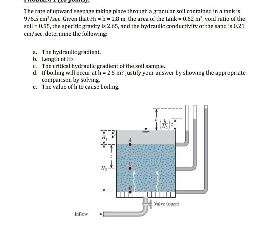 The rate of upward seepage taking place through a granular soil contained in a tank is
976.5 cm3/sec. Given that H1 = h = 1.8 m, the area of the tank = 0.62 m?, void ratio of the
soil = 0.55, the specific gravity is 2.65, and the hydraulic conductivity of the sand is 0.21
cm/sec, determine the following:
a. The hydraulic gradient.
b. Length of H2.
c. The critical hydraulic gradient of the soil sample.
d. If boiling will occur at h = 2.5 m? Justify your answer by showing the appropriate
comparison by solving.
e. The value ofh to cause boiling.
(あ)。
H,
H1
H2
Valve (open)
Inflow
