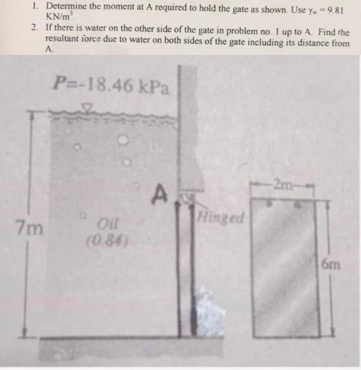 1. Determine the moment at A required to hold the gate as shown. Use Yw = 9.81
KN/m³.
2. If there is water on the other side of the gate in problem no. I up to A. Find the
resultant force due to water on both sides of the gate including its distance from
A.
7m
P=-18.46 kPa
Oll
(0.84)
A
Hinged
6m