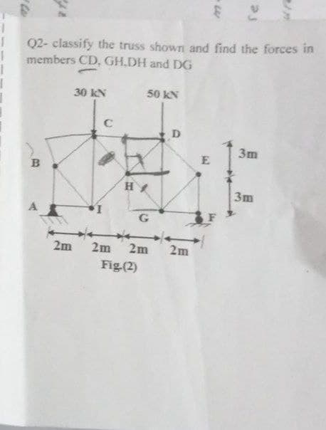 1
1
Q2- classify the truss shown and find the forces in
members CD, GH,DH and DG
B
2m
30 kN
C
2m
50 KN
H/
Fig.(2)
G
2m
D
2m
se
E
3m
3m