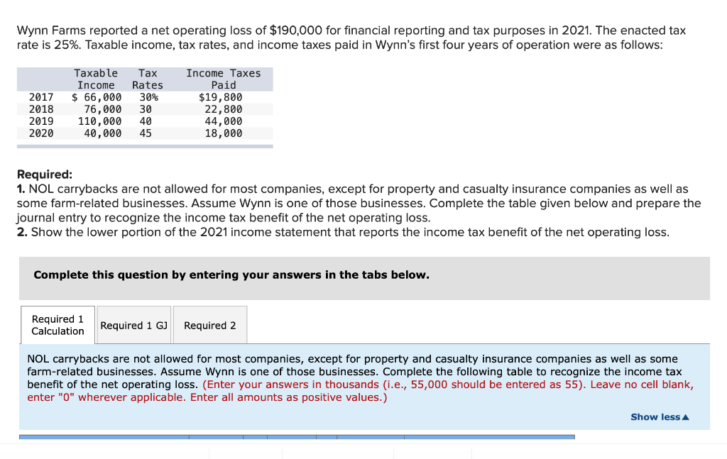 Wynn Farms reported a net operating loss of $190,000 for financial reporting and tax purposes in 2021. The enacted tax
rate is 25%. Taxable income, tax rates, and income taxes paid in Wynn's first four years of operation were as follows:
Taxable Tax
Income Rates
2017 $ 66,000 30%
2018
76,000 30
110,000 40
40,000 45
2019
2020
Income Taxes
Paid
$19,800
22,800
44,000
18,000
Required:
1. NOL carrybacks are not allowed for most companies, except for property and casualty insurance companies as well as
some farm-related businesses. Assume Wynn is one of those businesses. Complete the table given below and prepare the
journal entry to recognize the income tax benefit of the net operating loss.
2. Show the lower portion of the 2021 income statement that reports the income tax benefit of the net operating loss.
Complete this question by entering your answers in the tabs below.
Required 1
Calculation
Required 1 GJ Required 2
NOL carrybacks are not allowed for most companies, except for property and casualty insurance companies as well as some
farm-related businesses. Assume Wynn is one of those businesses. Complete the following table to recognize the income tax
benefit of the net operating loss. (Enter your answers in thousands (i.e., 55,000 should be entered as 55). Leave no cell blank,
enter "0" wherever applicable. Enter all amounts as positive values.)
Show less