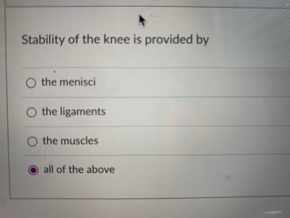 Stability of the knee is provided by
O the menisci
O the ligaments
O the muscles
all of the above
