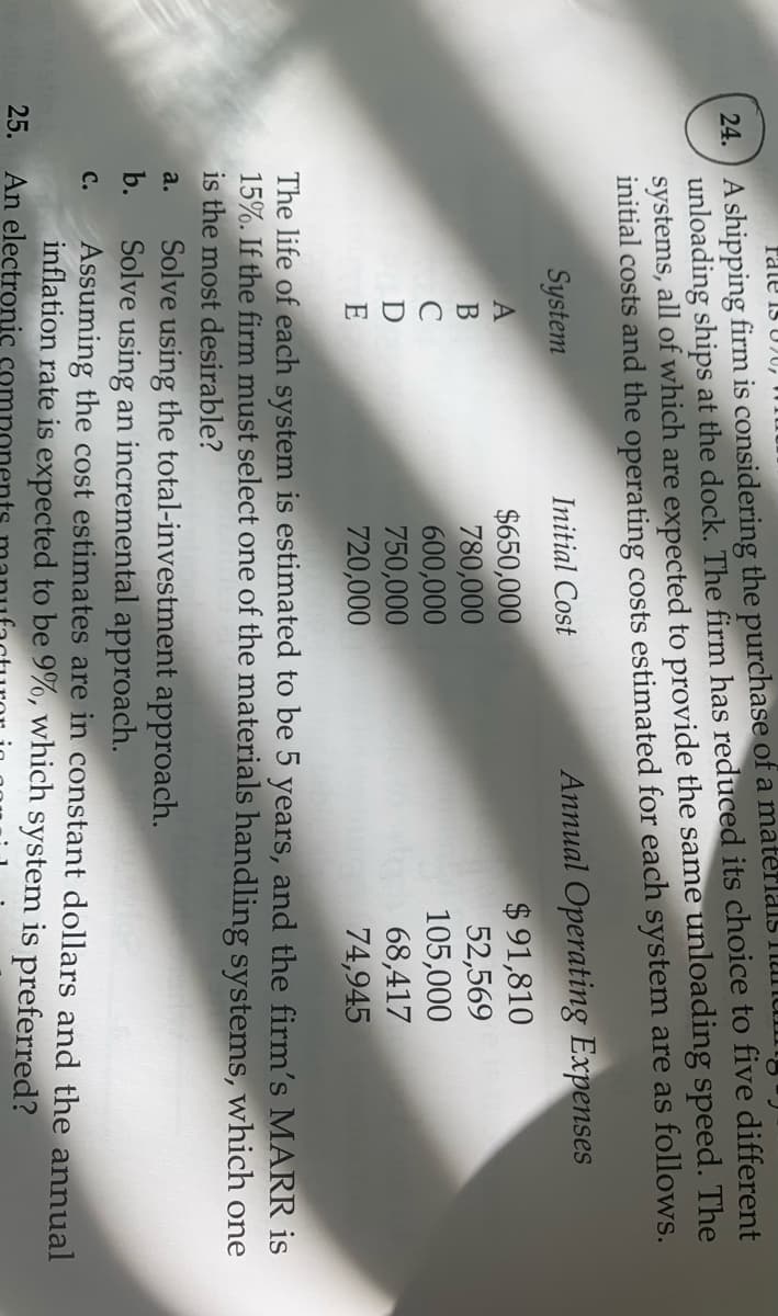 ABCDE
24. ) A shipping firm is considering the purchase of a materlaIS TIU
unloading ships at the dock. The firm has reduced its choice to five different
systems, all of which are expected to provide the same unloading speed. The
initial costs and the operating costs estimated for each system are as follows.
rate Is U)U,
Annual Operating Expenses
$ 91,810
52,569
105,000
68,417
74,945
System
Initial Cost
$650,000
780,000
600,000
750,000
720,000
C
E
The life of each system is estimated to be 5 years, and the firm's MARR is
15%. If the firm must select one of the materials handling systems, which one
is the most desirable?
Solve using the total-investment approach.
b.
a.
Solve using an incremental approach.
Assuming the cost estimates are in constant dollars and the annual
inflation rate is expected to be 9%, which system is preferred?
An electronic
с.
25.
