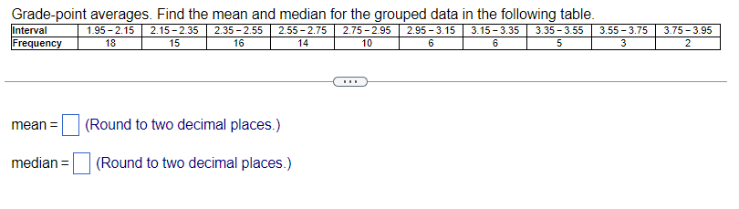 Grade-point averages. Find the mean and median for the grouped data in the following table.
1.95-2.15 2.15-2.35 2.35-2.55 2.55-2.75 2.75 -2.95 2.95-3.15 3.15-3.35 3.35-3.55
18
10
6
6
5
15
16
14
Interval
Frequency
mean =
median =
(Round to two decimal places.)
(Round to two decimal places.)
3.55-3.75
3
3.75 -3.95
2