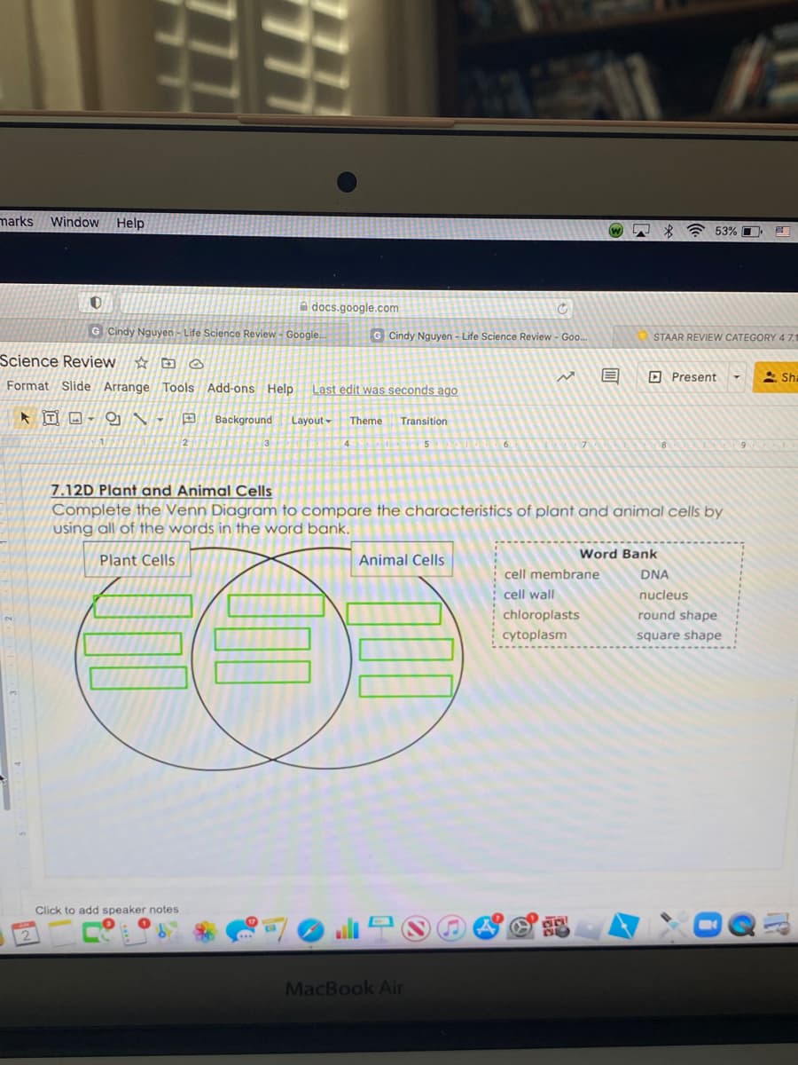 marks Window Help
53% O
A docs.google.com
G Cindy Nguyen - Life Science Review - Google.
G Cindy Nguyen - Life Science Review - Goo.
STAAR REVIEW CATEGORY 4 7.1
Science Review ☆ D ☺
D Present
2 Sha
Format Slide Arrange Tools
Add-ons Help
Last edit was seconds ago
Background
Layout-
Theme
Transition
7.12D Plant and Animal Cells
Complete the Venn Diagram to compare the characteristics of plant and animal cells by
using all of the words in the word bank.
Word Bank
Plant Cells
Animal Cells
cell membrane
DNA
cell wall
nucleus
chloroplasts
round shape
cytoplasm
square shape
Click to add speaker notes
2
MacBook Air
