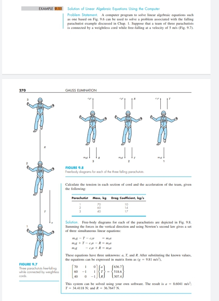 EXAMPLE 9.11
Solution of Linear Algebraic Equations Using the Computer
Problem Statement. A computer program to solve linear algebraic equations such
as one based on Fig. 9.6 can be used to solve a problem associated with the falling
parachutist example discussed in Chap. 1. Suppose that a team of three parachutists
is connected by a weightless cord while free-falling at a velocity of 5 m/s (Fig. 9.7).
270
GAUSS ELIMINATION
3
1
FIGURE 9.8
Free-body diagrams for each of the three falling parachutists.
Calculate the tension in each section of cord and the acceleration of the team, given
the following:
Parachutist
Mass, kg
Drag Coefficient, kg/s
70
10
60
14
40
Solution. Free-body diagrams for each of the parachutists are depicted in Fig. 9.8.
Summing the forces in the vertical direction and using Newton's second law gives a set
of three simultaneous linear equations:
= mja
m2g + T- czv - R = mza
- Czv + R = mya
mig - T - Cu
These equations have three unknowns: a, T, and R. After substituting the known values,
the equations can be expressed in matrix form as (g = 9.81 m/s),
FIGURE 9.7
(636.7
= {518.6
307.4
70
Three parachutists freefalling
while connected by weightless
cords.
60
-1
40
This system can be solved using your own software. The result is a = 8.6041 m/s;
T = 34.4118 N; and R- 36.7647 N.
