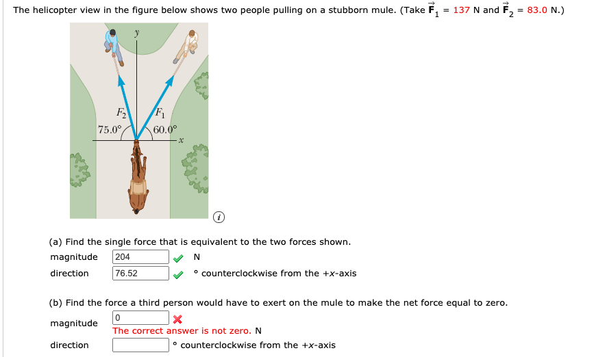 The helicopter view in the figure below shows two people pulling on a stubborn mule. (Take F, = 137 N and F, = 83.0 N.)
F
75.0°
60.0°
(a) Find the single force that is equivalent to the two forces shown.
204
76.52
magnitude
N
direction
° counterclockwise from the +x-axis
(b) Find the force a third person would have to exert on the mule to make the net force equal to zero.
magnitude
The correct answer is not zero. N
direction
| • counterclockwise from the +x-axis
