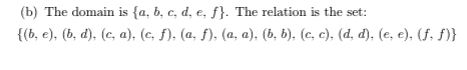 (b) The domain is {a, b, c, d, e, ƒ}. The relation is the set:
{(ь, е). (6, d), (с, а). (с, f), (а, f), (а, а). (ь, b), (с, с). (а, d), (e, e), (f. f)}
