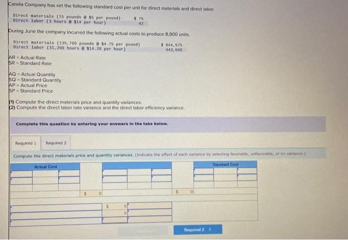 Camila Company has set the following standard cost per unit for direct materials and direct labor
Direct materials (15 pounds @ $5 per pound)
Direct labor (3 hours @ $14 per hour)
During June the company incurred the following actual costs to produce 8,900 units.
Direct materials (135, 700 pounds @ $4.75 per pound)
Direct labor (31,200 hours @ $14.20 per hour)
AR Actual Rate
SR Standard Rate
AQ-Actual Quantity
SQ Standard Quantity
AP Actual Price
SP- Standard Price
(1) Compute the direct materials price and quantity variances.
(2) Compute the direct labor rate variance and the direct labor efficiency variance.
$75
42
Complete this question by entering your answers in the tabs below.
$
Required 1
Required 2
Compute the direct materials price and quantity variances, (Indicate the effect of each variance by selecting favorable, unfavorable, or no variance)
Actual Cost
Standard Cont
0
$ 644,575
443,040
$
0
0
$
0
Required 2 >