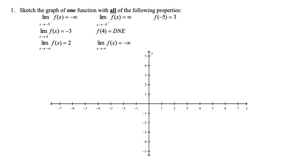 1. Sketch the graph of one function with all of the following properties:
lim f(x) =
lim f(x) = -0
= 00
f(-5) = 3
x→-5
x→-5
lim f(x) = -3
f(4) = DNE
x4
lim f(x)=2
lim f(x) = -0
%3D
X-00
x 00
3
2+
1
+
+
+
+
+
+
+
+
-7
-5
-4
-3
-2
-1
1
5
6.
-2
-3
-4
