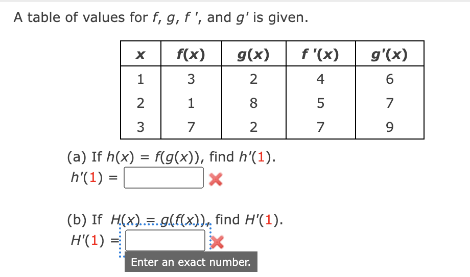 A table of values for f, g, f', and g' is given.
f(x)
g(x)
f '(x)
g'(x)
3
4
6
2
8
5
7
3
7
2
7
9.
(a) If h(x) = f(g(x)), find h'(1).
h'(1) :
(b) If H(x)..g(F(x)), find H'(1).
H'(1)
Enter an exact number.
2.
