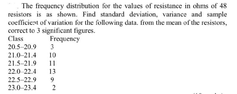 The frequency distribution for the values of resistance in ohms of 48
resistors is as shown. Find standard deviation, variance and sample
coefficient of variation for the following data. from the mean of the resistors,
correct to 3 significant figures.
Class
Frequency
3
20.5-20.9
21.0-21.4
10
21.5-21.9
11
22.0-22.4
13
22.5-22.9
9.
23.0-23.4
2
