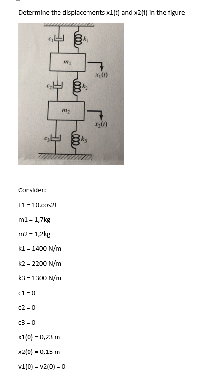 Determine the displacements x1(t) and x2(t) in the figure
Consider:
F1 = 10.cos2t
m1 = 1,7kg
m2 = 1,2kg
k1 = 1400 N/m
k2 = 2200 N/m
k3 = 1300 N/m
c1=0
c2 = 0
c3 = 0
m₁
m₂
x1(0) = 0,23 m
x2(0) = 0,15 m
v1(0)=v2(0) = 0
k3
x₁ (1)
X₂ (1)