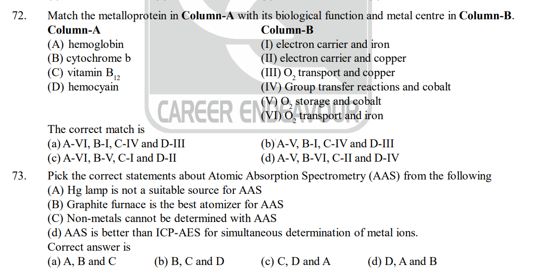 72.
73.
Match the metalloprotein in Column-A with its biological function and metal centre in Column-B.
Column-A
Column-B
(I) electron carrier and iron
(II) electron carrier and copper
(A) hemoglobin
(B) cytochrome b
(C) vitamin B₁2
(D) hemocyain
The correct match is
(a) A-VI, B-I, C-IV and D-III
(c) A-VI, B-V, C-I and D-II
CAREER ENDO, transport and iron
Correct answer is
(a) A, B and C
(III) O, transport and copper
(IV) Group transfer reactions and cobalt
(V) O₂ storage and cobalt
Pick the correct statements about Atomic Absorption Spectrometry (AAS) from the following
(A) Hg lamp is not a suitable source for AAS
(B) Graphite furnace is the best atomizer for AAS
(C) Non-metals cannot be determined with AAS
(d) AAS is better than ICP-AES for simultaneous determination of metal ions.
(b) B, C and D
(b) A-V, B-I, C-IV and D-III
(d) A-V, B-VI, C-II and D-IV
(c) C, D and A
(d) D, A and B