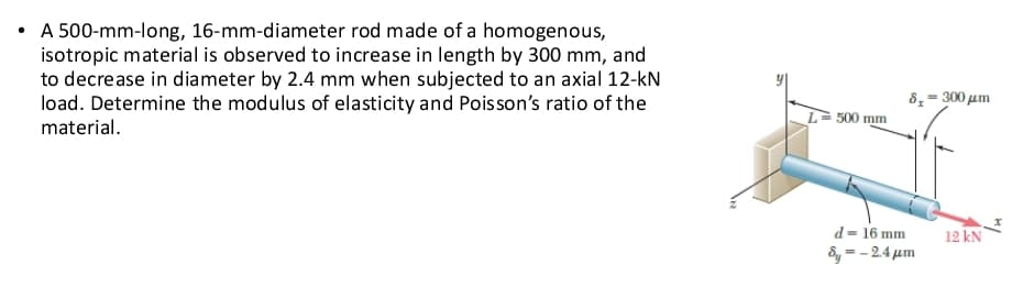 • A 500-mm-long, 16-mm-diameter rod made of a homogenous,
isotropic material is observed to increase in length by 300 mm, and
to decrease in diameter by 2.4 mm when subjected to an axial 12-kN
load. Determine the modulus of elasticity and Poisson's ratio of the
material.
δ,- 300 μm
500 mm
d= 16 mm
&y = - 2.4 um
12 kN
