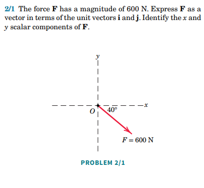 **Problem 2/1:**
The force **F** has a magnitude of 600 N. Express **F** as a vector in terms of the unit vectors **i** and **j**. Identify the **x** and **y** scalar components of **F**.

**Diagram Details:**
The diagram is a Cartesian coordinate system with the origin labeled **O**. The **x** and **y** axes are shown as dashed lines intersecting at the origin. A vector representing the force **F** is drawn from the origin, making a 40° angle with the negative **x** axis. The vector **F** is labeled as having a magnitude of 600 N, pointing towards the third quadrant of the coordinate plane.

**Solution:**
To find the **x** and **y** components of **F**, we can use trigonometric functions based on the given angle (40°) and the magnitude of the vector (600 N).

1. **x-component**: 
\[ F_x = |F| \cos(\theta) \]
\[ F_x = 600 \cos(40°) \]
\[ F_x \approx 600 \times 0.766 \approx 459.6 \, \text{N} \]

Since the force is in the third quadrant, the **x**-component will be negative:
\[ F_x \approx -459.6 \, \text{N} \]

2. **y-component**: 
\[ F_y = |F| \sin(\theta) \]
\[ F_y = 600 \sin(40°) \]
\[ F_y \approx 600 \times 0.643 \approx 385.8 \, \text{N} \]

Similarly, since the force is in the third quadrant, the **y**-component will be negative:
\[ F_y \approx -385.8 \, \text{N} \]

Therefore, the vector **F** in terms of the unit vectors **i** and **j** can be written as:
\[ \mathbf{F} = -459.6 \mathbf{i} - 385.8 \mathbf{j} \]

**Summary:**
- **x-component of F:** \[ -459.6 \, \text{N} \]
- **y-component of F:** \[ -385.8 \, \text{N} \
