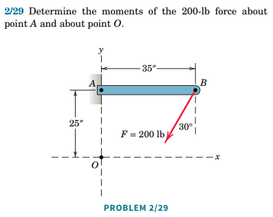 2/29 Determine the moments of the 200-lb force about
point A and about point O.
y
-35"-
B
F = 200 lb
PROBLEM 2/29
25"
A
30°
-x