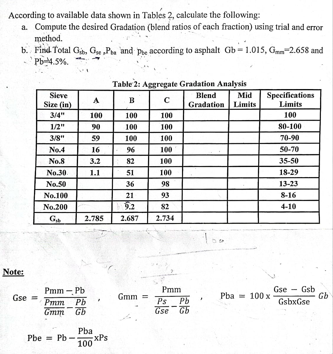 According to available data shown in Tables 2, calculate the following:
a. Compute the desired Gradation (blend ratios of each fraction) using trial and error
method.
b. Find Total Gsb, Gse „Pba and Pbe according to asphalt Gb 1.015, Gmm-2.658 and
Pb=4.5%.
Tabłe 2: Aggregate Gradation Analysis
Mid
Specifications
Limits
Sieve
Blend
A
Size (in)
Gradation
Limits
3/4"
100
100
100
100
1/2"
90
100
100
80-100
3/8"
59
100
100
70-90
No.4
16
96
100
50-70
No.8
3.2
82
100
35-50
No.30.
1.1
51
100
18-29
No.50
36
98
13-23
No.100
21
93
8-16
No.200
9.2
82
4-10
2.785
2.687
2.734
Note:
Gse
100 x
Gsb
Gb
GsbxGse
Pmm Pb
Pmm
Gse
Gmm
Pba
%3D
%3D
Ртт
Pb
Ps
Pb
Gmm
Gb
Gse
Gb
Pba
xPs
100
Pbe = Pb
