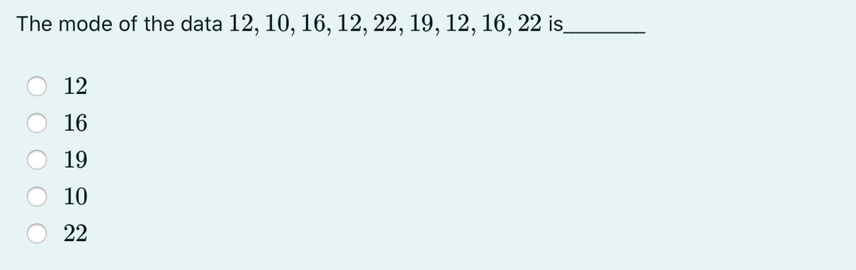 The mode of the data 12, 10, 16, 12, 22, 19, 12, 16, 22 is.
12
16
19
10
22
