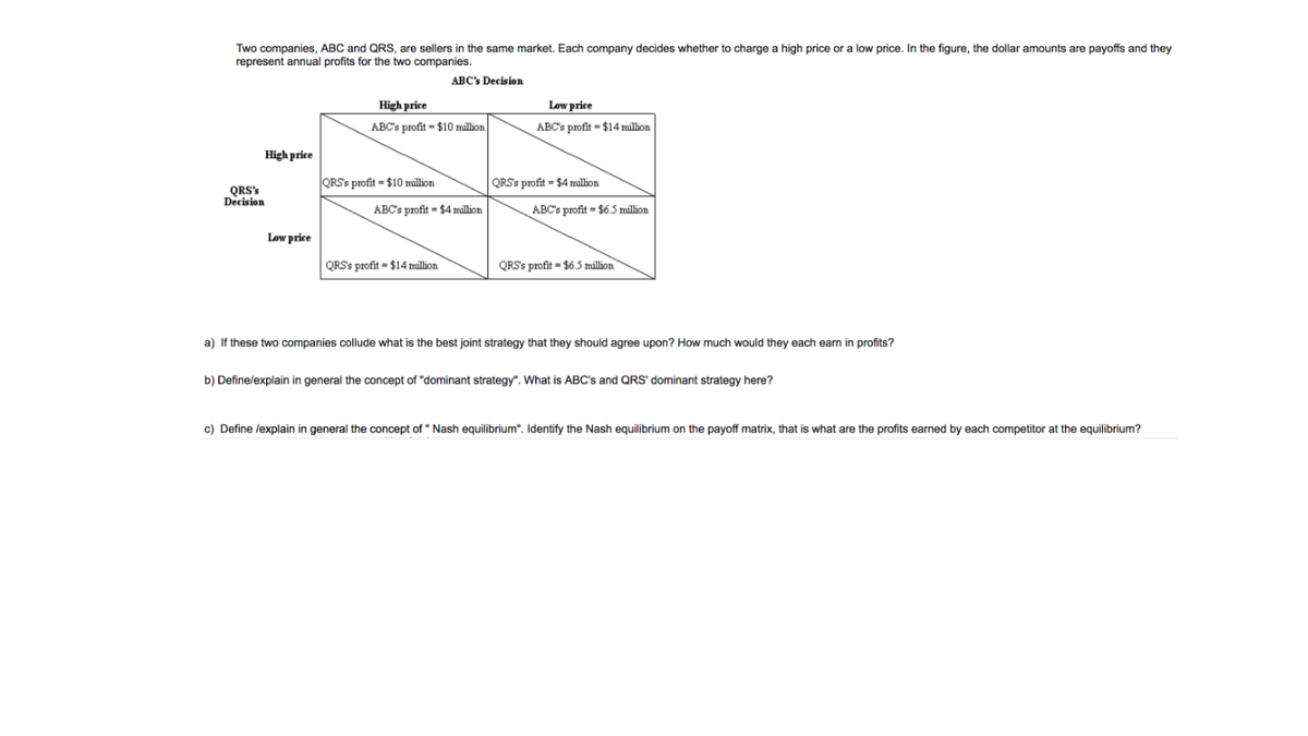 Two companies, ABC and QRS, are sellers in the same market. Each company decides whether to charge a high price or a low price. In the figure, the dollar amounts are payoffs and they
represent annual profits for the two companies.
ABC's Decision
High price
Low price
ABC's profit - $10 million
ABC's profit - $14 million
High price
QRS's profit = $10 million
QRS's profit - $4 million
QRS'S
Decision
ABC's profit = $4 million
ABC's profit = $6.5 million
Low price
QRS's profit = $14 million
QRS's profit = $6.5 million
a) If these two companies collude what is the best joint strategy that they should agree upon? How much would they each eam in profits?
b) Definelexplain in general the concept of "dominant strategy". What is ABC's and QRS' dominant strategy here?
c) Define lexplain in general the concept of " Nash equilibrium". Identify the Nash equilibrium on the payoff matrix, that is what are the profits earned by each competitor at the equilibrium?

