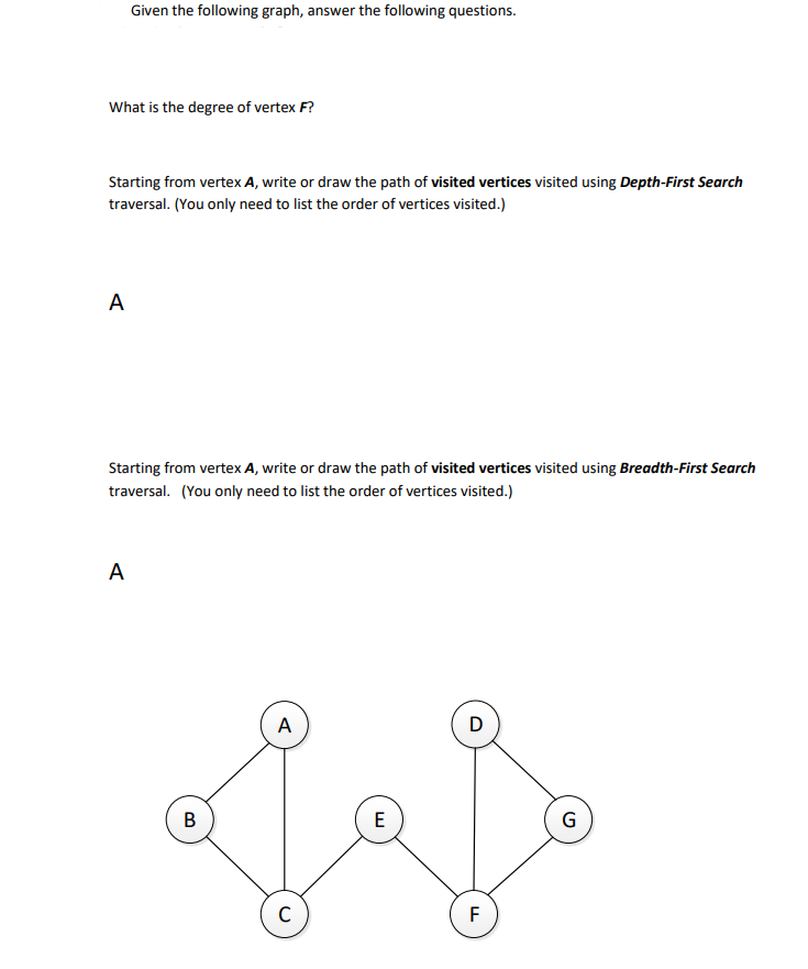 Given the following graph, answer the following questions.
What is the degree of vertex F?
Starting from vertex A, write or draw the path of visited vertices visited using Depth-First Search
traversal. (You only need to list the order of vertices visited.)
A
Starting from vertex A, write or draw the path of visited vertices visited using Breadth-First Search
traversal. (You only need to list the order of vertices visited.)
A
A
B
E
F
