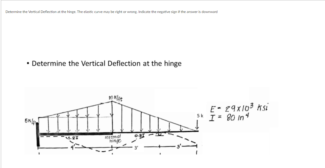 Determine the Vertical Deflection at the hinge. The elastic curve may be right or wrong. Indicate the negative sign if the answer is downward
• Determine the Vertical Deflection at the hinge
10 KIst
E- 29x103 Ksi
I= 80 in4
5k
internal
hinge
O-BI
1.2I
3'
