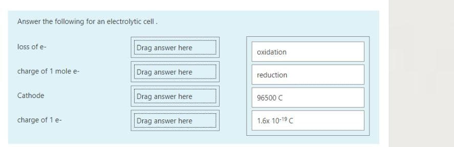 Answer the following for an electrolytic cell.
loss of e-
Drag answer here
oxidation
charge of 1 mole e-
Drag answer here
reduction
Cathode
Drag answer here
96500 C
charge of 1 e-
Drag answer here
1.6x 10-19 C
