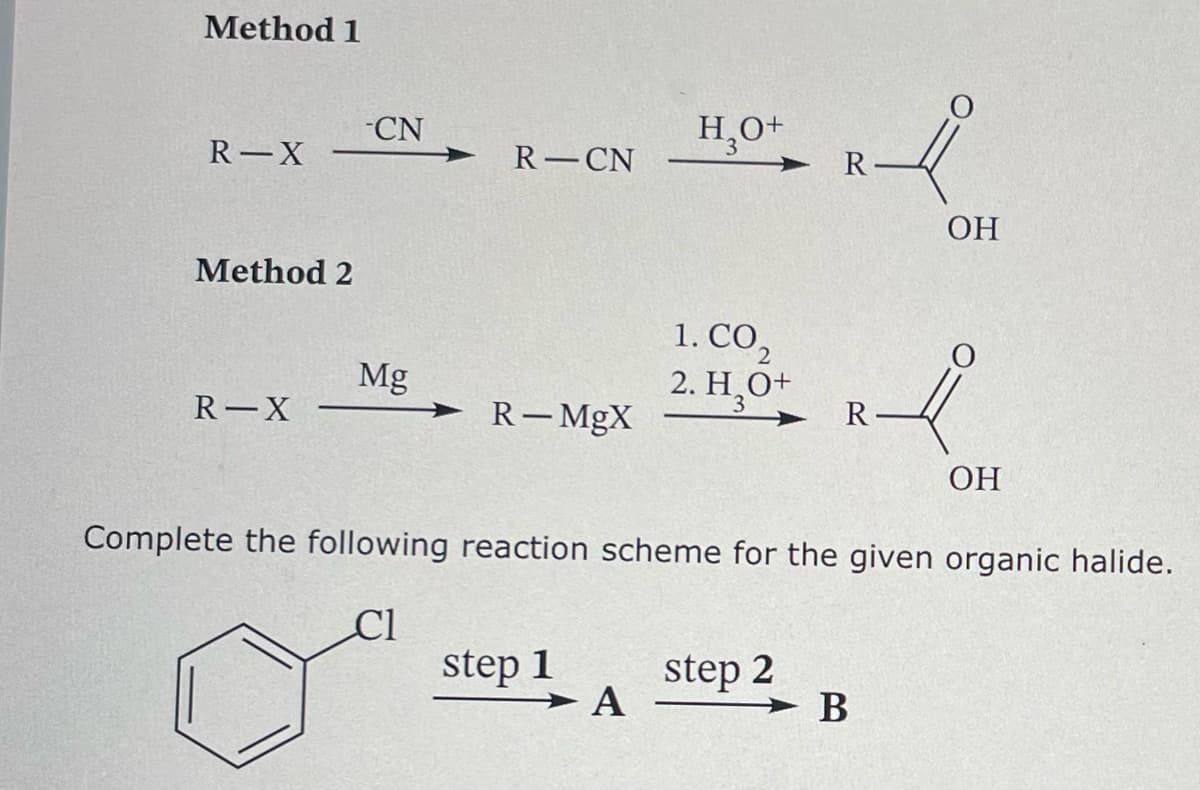 Method 1
R-X
Method 2
R-X
-CN
Mg
R-CN
→ R-MgX
step 1
H₂O+
A
1. CO₂
2. H₂O+
R-
step 2
Complete the following reaction scheme for the given organic halide.
Cl
OH
RÅ
B
OH