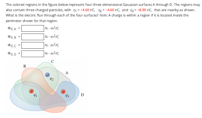 The colored regions in the figure below represent four three-dimensional Gaussian surfaces A through D. The regions may
also contain three charged particles, with q1 = +4.60 nC, 92 = -4.60 nC, and q3 = +8.90 nC, that are nearby as shown.
What is the electric flux through each of the four surfaces? Note: A charge is within a region if it is located inside the
perimeter shown for that region.
E, A =
N. m2/c
ФЕ, В 3
N m2/c
ФЕ, С
N.m?/c
E,D
N m2/C
В
A
93
D
