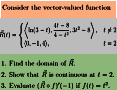 Consider the vector-valued function
Ř(1) {(In(3-1), 11-32,31²-8), 142
=
(0, -1,4),
t=2
1. Find the domain of Ř.
2. Show that is continuous at t = 2.
3. Evaluate (Řo ƒ)'(−1) if ƒ(t) = t².