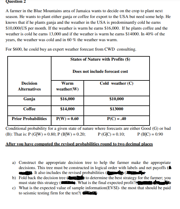 Question 2
A farmer in the Blue Mountains area of Jamaica wants to decide on the crop to plant next
season. He wants to plant either ganja or coffee for export to the USA but need some help. He
knows that if he plants ganja and the weather in the USA is predominantly cold he earns
$10,000(US per month. If the weather is warm he earns $16,000. If he plants coffee and the
weather is cold he earns 13,000 and if the weather is warm he earns $14000. In 40% of the
years, the weather was cold and in 60 % the weather was warm.
For $600, he could buy an expert weather forecast from CWD consulting.
States of Nature with Profits ($)
Does not include forecast cost
Decision
Warm
Cold weather (C)
Alternatives
weather(W)
Ganja
$16,000
$10,000
Coffee
$14,000
$13000
Prior Probabilities
P(W) = 0.60
P(C) = .40
Conditional probability for a given state of nature where forecasts are either Good (G) or bad
(B): That is: P (G|W) = 0.80; P (B|W) = 0.20;
P (G|C) = 0.10;
P (B|C) = 0.90
After vou have computed the revised probabilities round to two decimal places
a) Construct the appropriate decision tree to help the farmer make the appropriate
decisions. This tree must be constructed in logical order with labels and net payoffs (
.It also includes the revised probabilities
b) Fold back the decision tree
must state this strategy ( . What is the final expected profit?
c) What is the expected value of sample information(EVSI)- the most that should be paid
to seismic testing firm for the test?(
to determine the best strategy for the farmer; you

