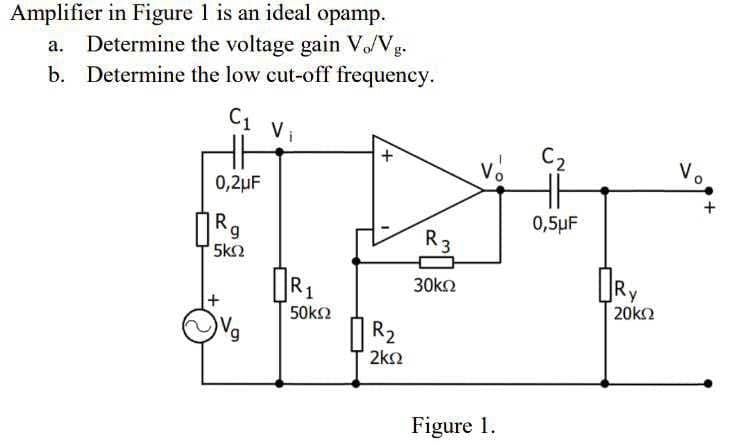 Amplifier in Figure 1 is an ideal opamp.
Determine the voltage gain Vo/Vg.
b. Determine the low cut-off frequency.
C1
Vi
HE
C2
V.
0,2µF
R.
0,5µF
6,
5k2
R3
30ko
50k2
20k2
R2
2kn
Figure 1.
