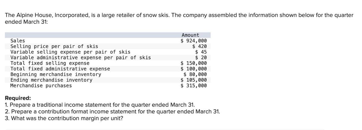 The Alpine House, Incorporated, is a large retailer of snow skis. The company assembled the information shown below for the quarter
ended March 31:
Sales
Selling price per pair of skis
Variable selling expense per pair of skis
Variable administrative expense per pair of skis
Total fixed selling expense
Total fixed administrative expense
Beginning merchandise inventory
Ending merchandise inventory
Merchandise purchases
Amount
$924,000
$ 420
$45
$20
$ 150,000
$ 100,000
$ 80,000
$ 105,000
$ 315,000
Required:
1. Prepare a traditional income statement for the quarter nded March 31.
2. Prepare a contribution format income statement for the quarter ended March 31.
3. What was the contribution margin per unit?