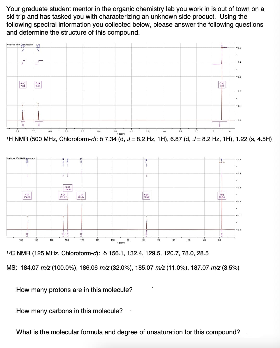 Your graduate student mentor in the organic chemistry lab you work in is out of town on a
ski trip and has tasked you with characterizing an unknown side product. Using the
following spectral information you collected below, please answer the following questions
and determine the structure of this compound.
Predicted 1H NMR-Spectrum
7.5
f
A (d)
7.34
Predicted 13C NMR Spectrum
160
1
1
7.0
A (s)
156.12
B (d)
6.87
H
6.5
150
6.0
140
C (8)
129.52
B (s)
132.42
5.5
130
D (s)
12074
5.0
120
4.5
f1 (ppm)
¹H NMR (500 MHz, Chloroform-d): 67.34 (d, J = 8.2 Hz, 1H), 6.87 (d, J = 8.2 Hz, 1H), 1.22 (s, 4.5H)
110
100
f1 (ppm)
4.0
90
How many carbons in this molecule?
How many protons are in this molecule?
3.5
80
1
E (s)
77.99
3.0
70
2.5
60
2.0
50
1.5
40
車
10,12
F(s)
28 50
30
1.0
1
2
0.5
F0.3
0.2
-0.0
0.5
-0.4
-0.3
0.2
-0.1
13C NMR (125 MHz, Chloroform-d): 156.1, 132.4, 129.5, 120.7, 78.0, 28.5
MS: 184.07 m/z (100.0%), 186.06 m/z (32.0%), 185.07 m/z (11.0%), 187.07 m/z (3.5%)
0.0
What is the molecular formula and degree of unsaturation for this compound?