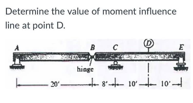 Determine the value of moment influence
line at point D.
в с
B
E
hinge
t8- 10' 10'
t 10'-
20'-
