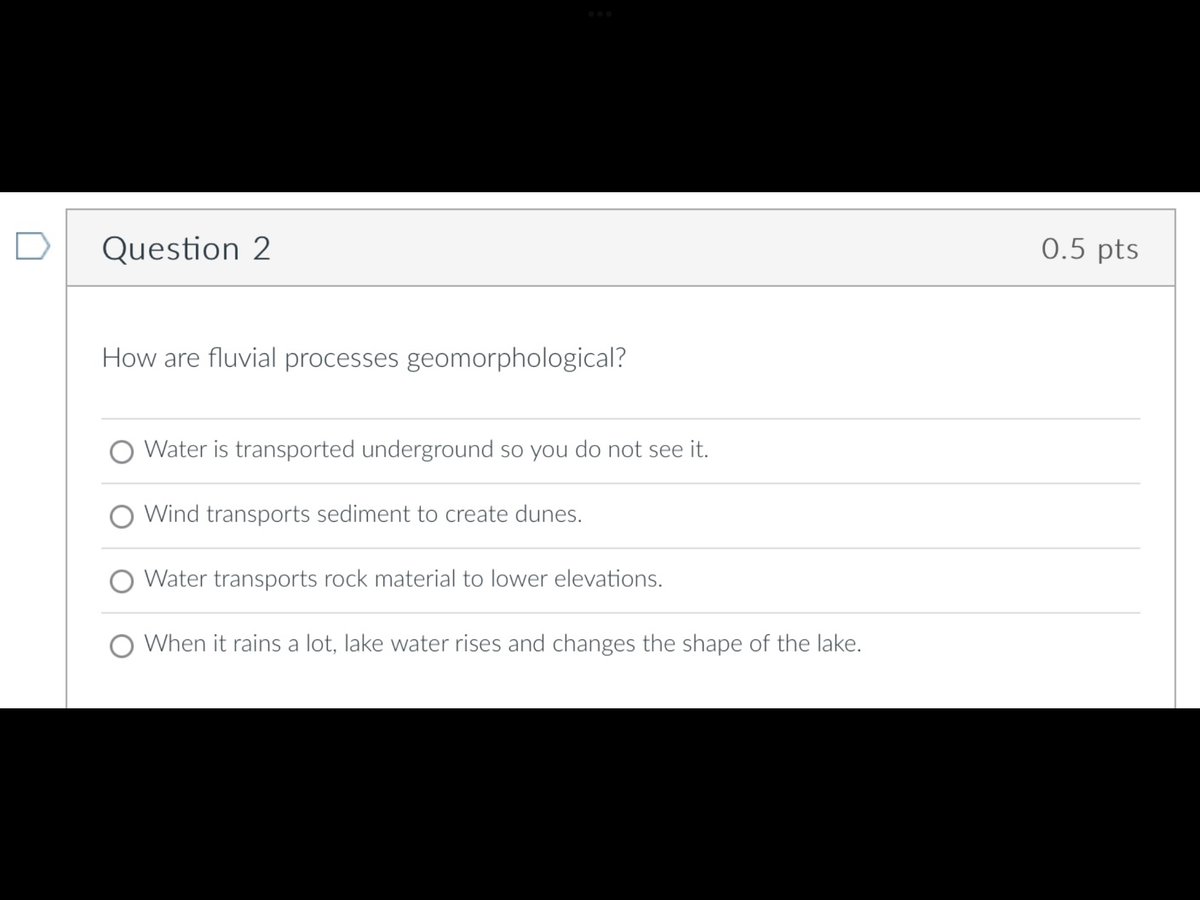 Question 2
How are fluvial processes geomorphological?
Water is transported underground so you do not see it.
Wind transports sediment to create dunes.
Water transports rock material to lower elevations.
O When it rains a lot, lake water rises and changes the shape of the lake.
0.5 pts