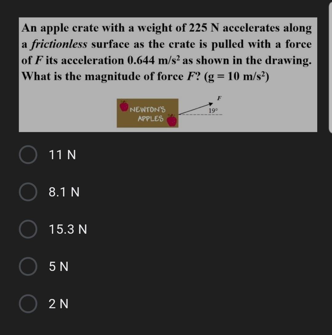 An apple crate with a weight of 225 N accelerates along
a frictionless surface as the crate is pulled with a force
of F its acceleration 0.644 m/s² as shown in the drawing.
What is the magnitude of force F? (g = 10 m/s²)
F
NEWTON'S
APPLES
19°
11 N
8.1 N
15.3 N
5 N
2 N
