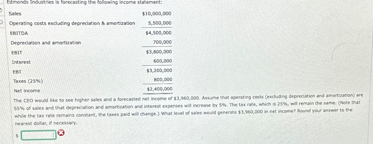 Edmonds Industries is forecasting the following income statement:
Sales
$10,000,000
5,500,000
$4,500,000
700,000
$3,800,000
600,000
EBT
$3,200,000
Taxes (25%)
800,000
$2,400,000
Net Income
The CEO would like to see higher sales and a forecasted net income of $3,960,000. Assume that operating costs (excluding depreciation and amortization) are
55% of sales and that depreciation and amortization and interest expenses will increase by 5%. The tax rate, which is 25%, will remain the same. (Note that
while the tax rate remains constant, the taxes paid will change.) What level of sales would generate $3,960,000 in net income? Round your answer to the
nearest dollar, if necessary.
Operating costs excluding depreciation & amortization
EBITDA
Depreciation and amortization
EBIT
Interest
$